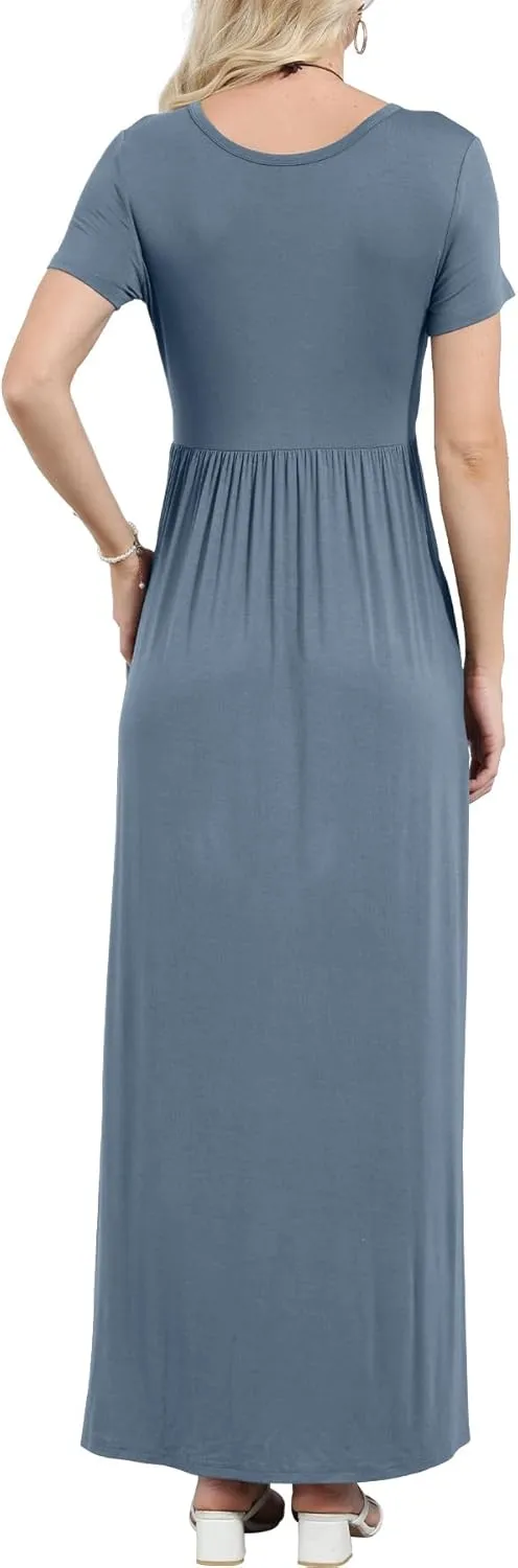 EUOVMY Women's Short Sleeve Loose Plain Maxi Dresses Casual Vacation Long Dresses with Pockets