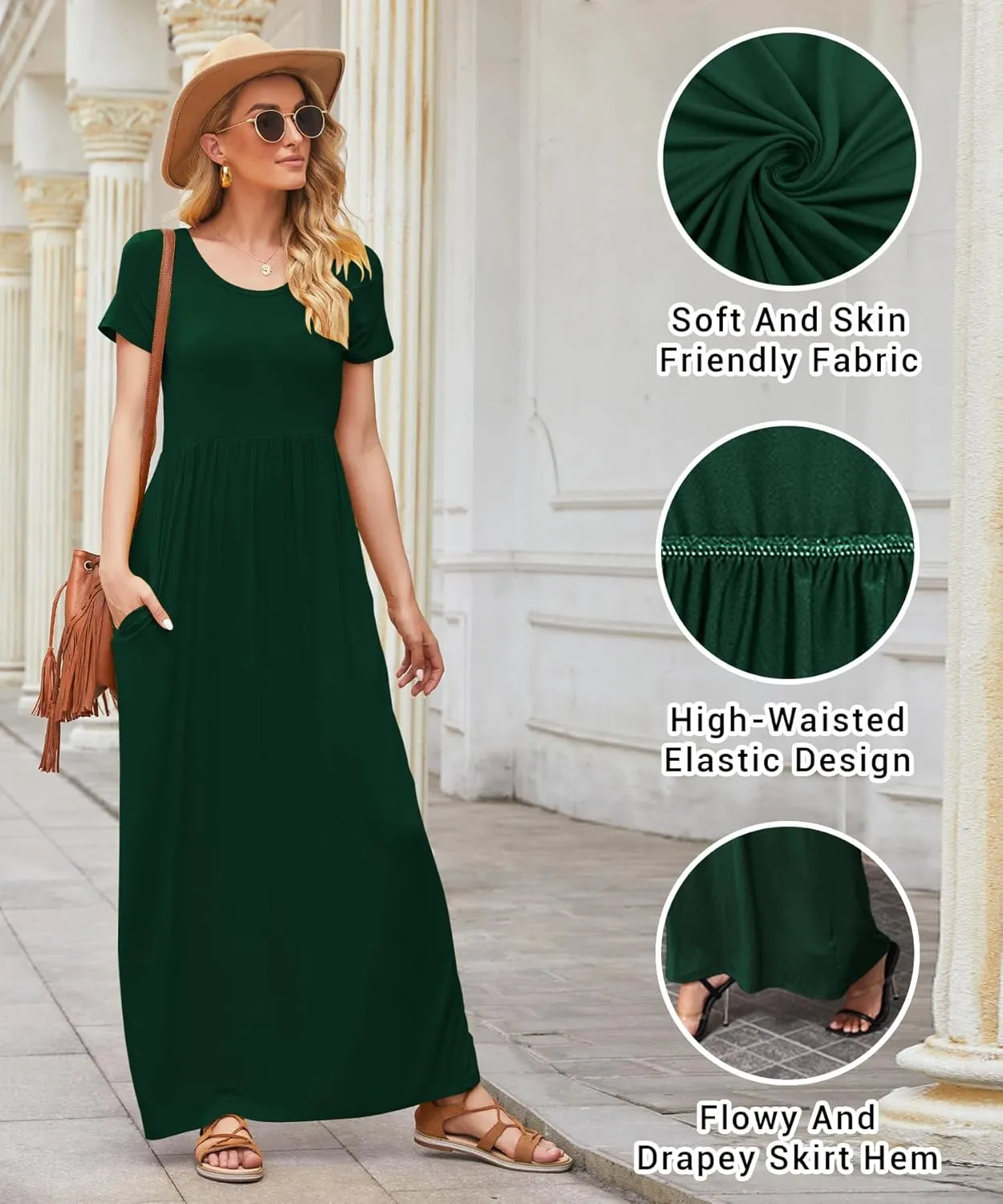 EUOVMY Women's Short Sleeve Loose Plain Maxi Dresses Casual Vacation Long Dresses with Pockets