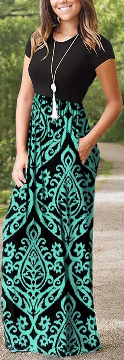 EUOVMY Women's Short Sleeve Loose Plain Maxi Dresses Casual Vacation Long Dresses with Pockets
