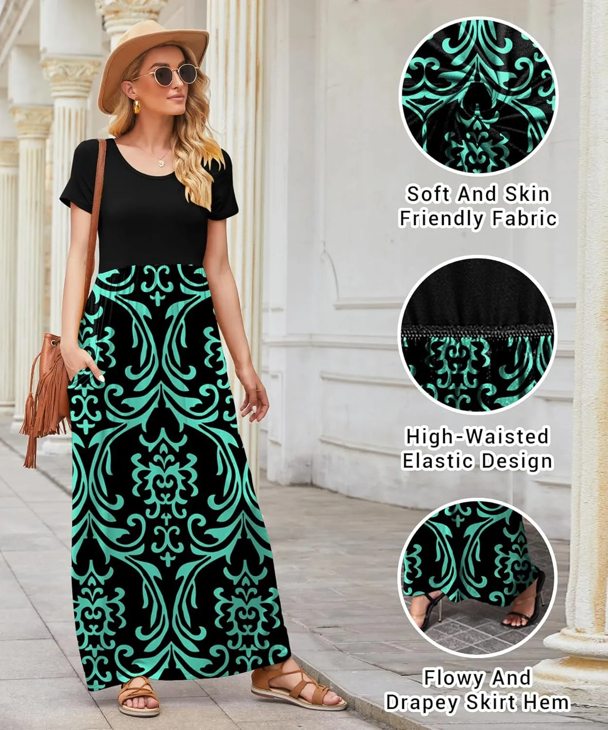 EUOVMY Women's Short Sleeve Loose Plain Maxi Dresses Casual Vacation Long Dresses with Pockets