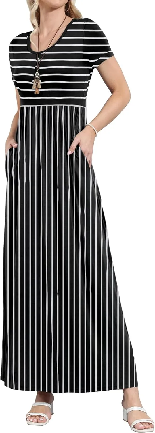 EUOVMY Women's Short Sleeve Loose Plain Maxi Dresses Casual Vacation Long Dresses with Pockets