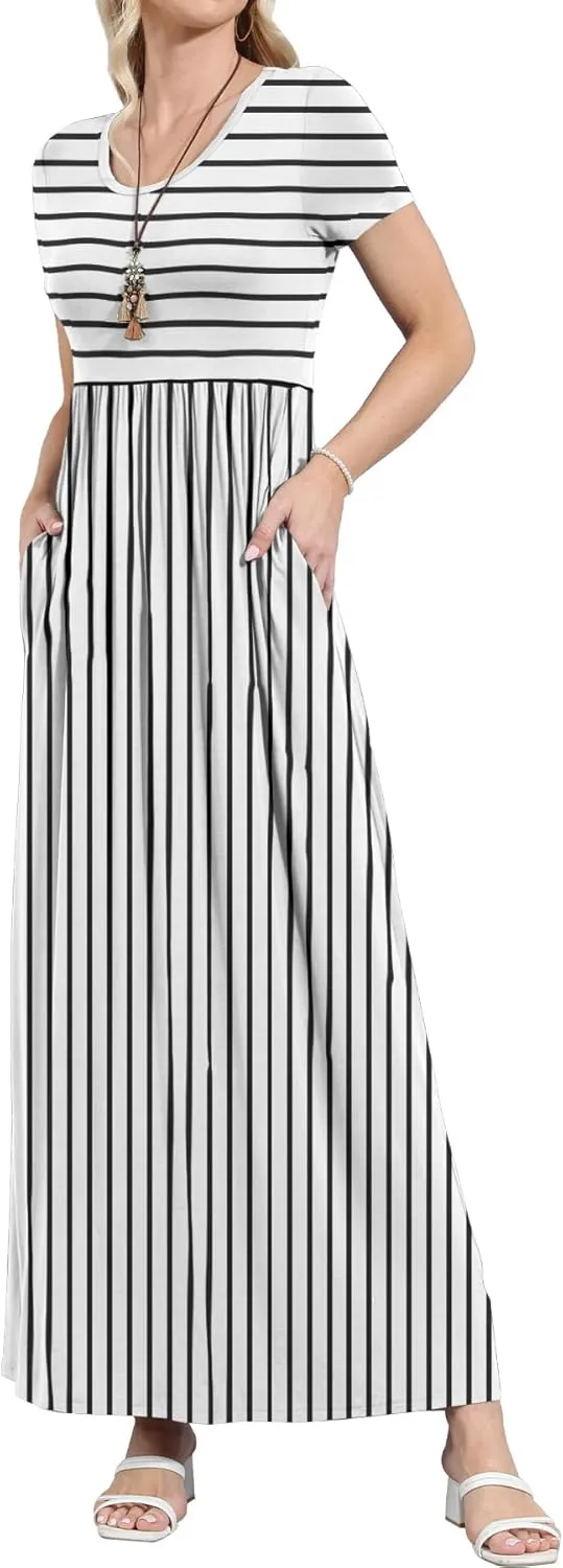 EUOVMY Women's Short Sleeve Loose Plain Maxi Dresses Casual Vacation Long Dresses with Pockets