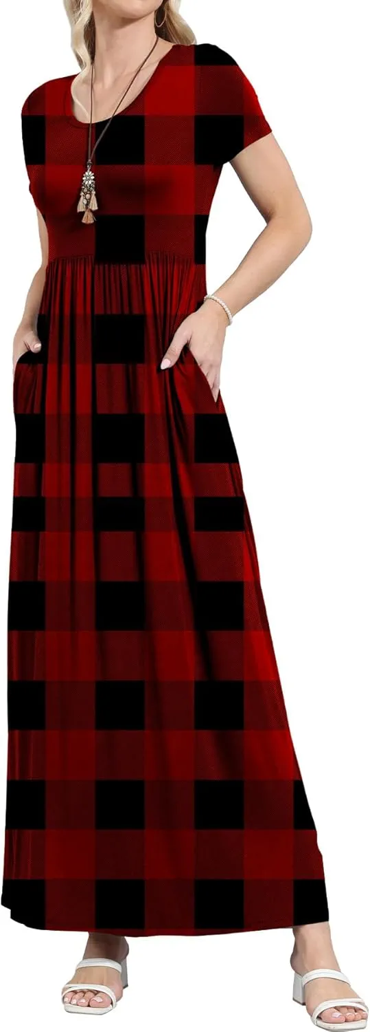EUOVMY Women's Short Sleeve Loose Plain Maxi Dresses Casual Vacation Long Dresses with Pockets