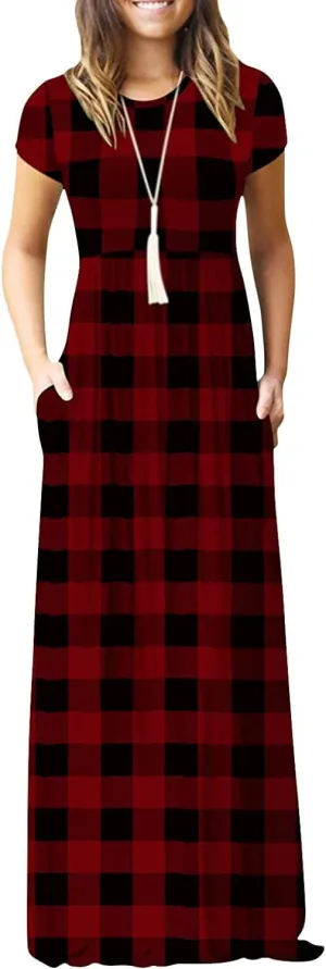 EUOVMY Women's Short Sleeve Loose Plain Maxi Dresses Casual Vacation Long Dresses with Pockets