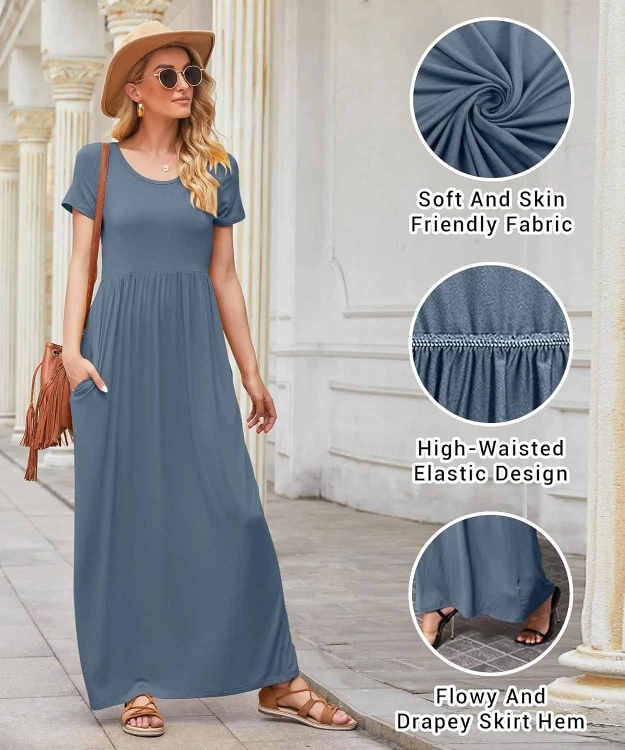 EUOVMY Women's Short Sleeve Loose Plain Maxi Dresses Casual Vacation Long Dresses with Pockets
