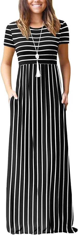 EUOVMY Women's Short Sleeve Loose Plain Maxi Dresses Casual Vacation Long Dresses with Pockets