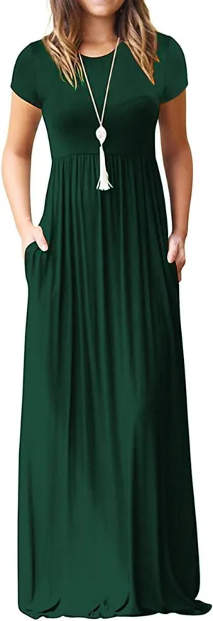 EUOVMY Women's Short Sleeve Loose Plain Maxi Dresses Casual Vacation Long Dresses with Pockets