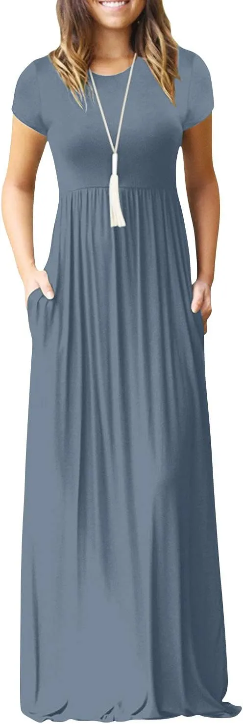 EUOVMY Women's Short Sleeve Loose Plain Maxi Dresses Casual Vacation Long Dresses with Pockets