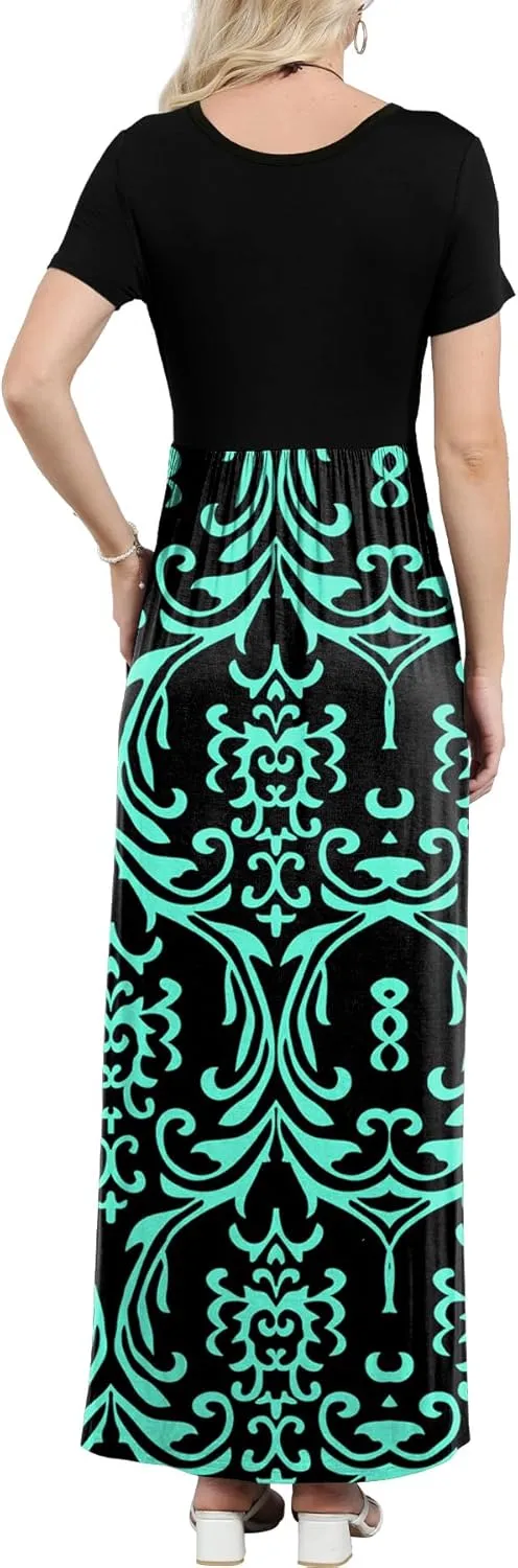 EUOVMY Women's Short Sleeve Loose Plain Maxi Dresses Casual Vacation Long Dresses with Pockets