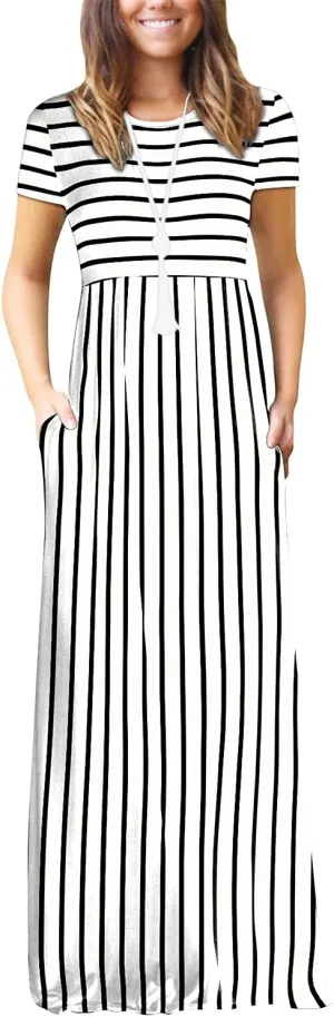 EUOVMY Women's Short Sleeve Loose Plain Maxi Dresses Casual Vacation Long Dresses with Pockets