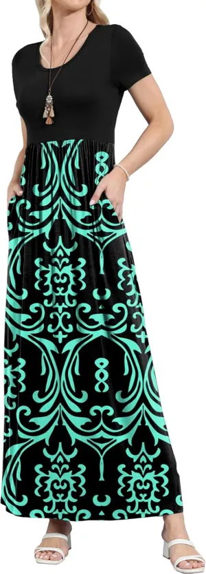 EUOVMY Women's Short Sleeve Loose Plain Maxi Dresses Casual Vacation Long Dresses with Pockets