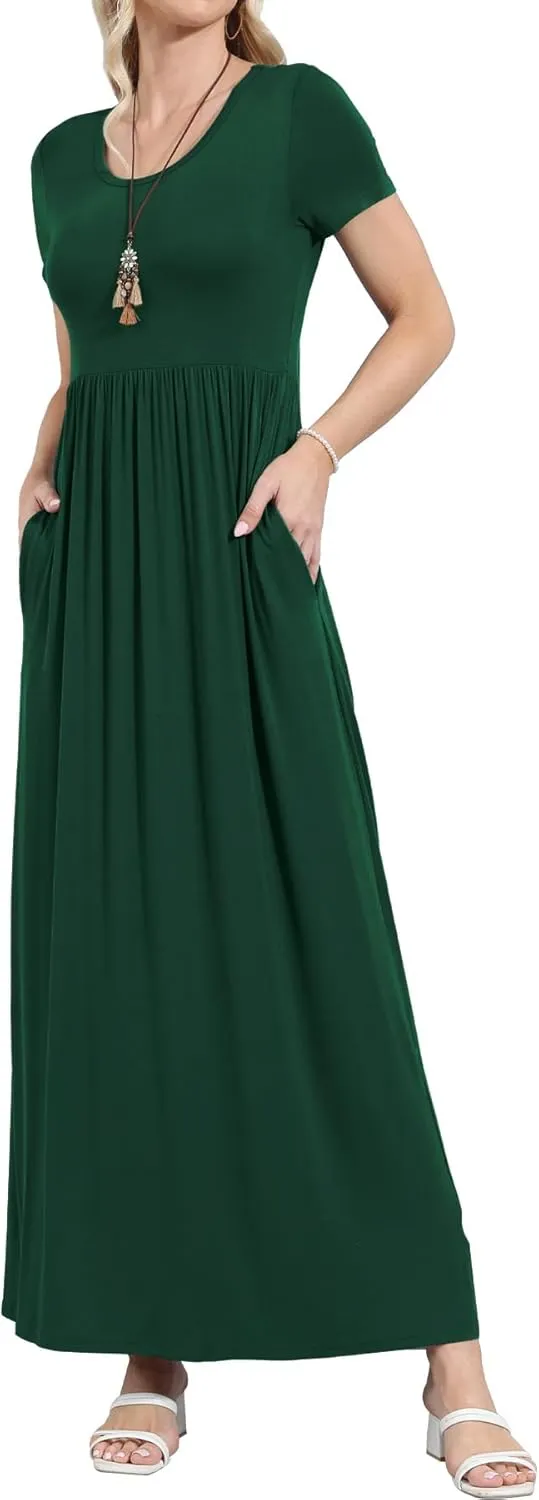 EUOVMY Women's Short Sleeve Loose Plain Maxi Dresses Casual Vacation Long Dresses with Pockets