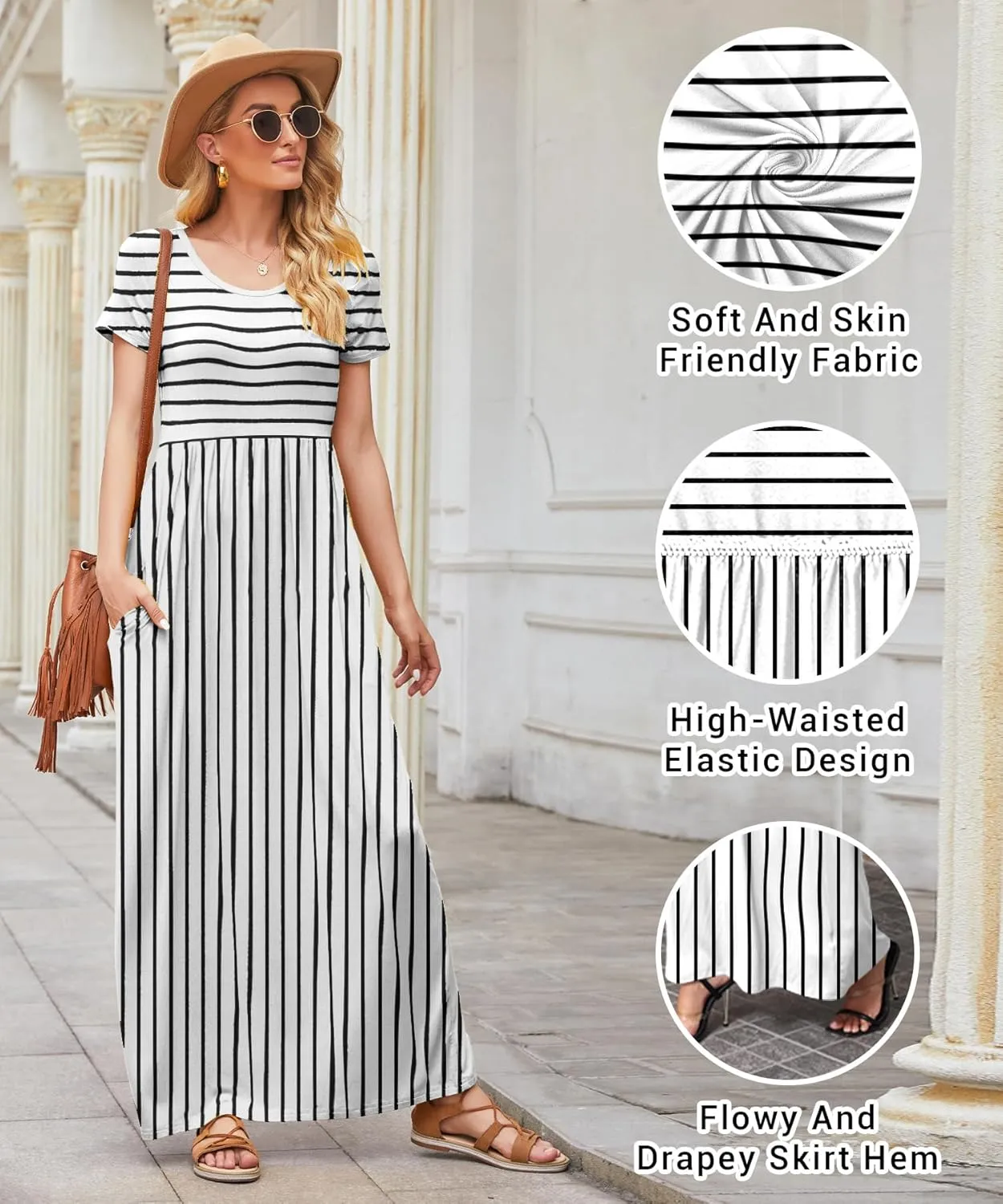 EUOVMY Women's Short Sleeve Loose Plain Maxi Dresses Casual Vacation Long Dresses with Pockets