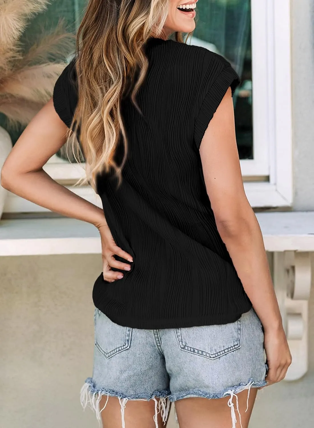 EVALESS Womens Short Sleeve Textured Tops Crewneck Knit Solid Loose Casual Basic T Shirts Tee Blouses