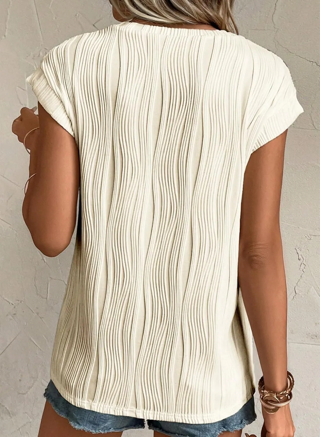 EVALESS Womens Short Sleeve Textured Tops Crewneck Knit Solid Loose Casual Basic T Shirts Tee Blouses