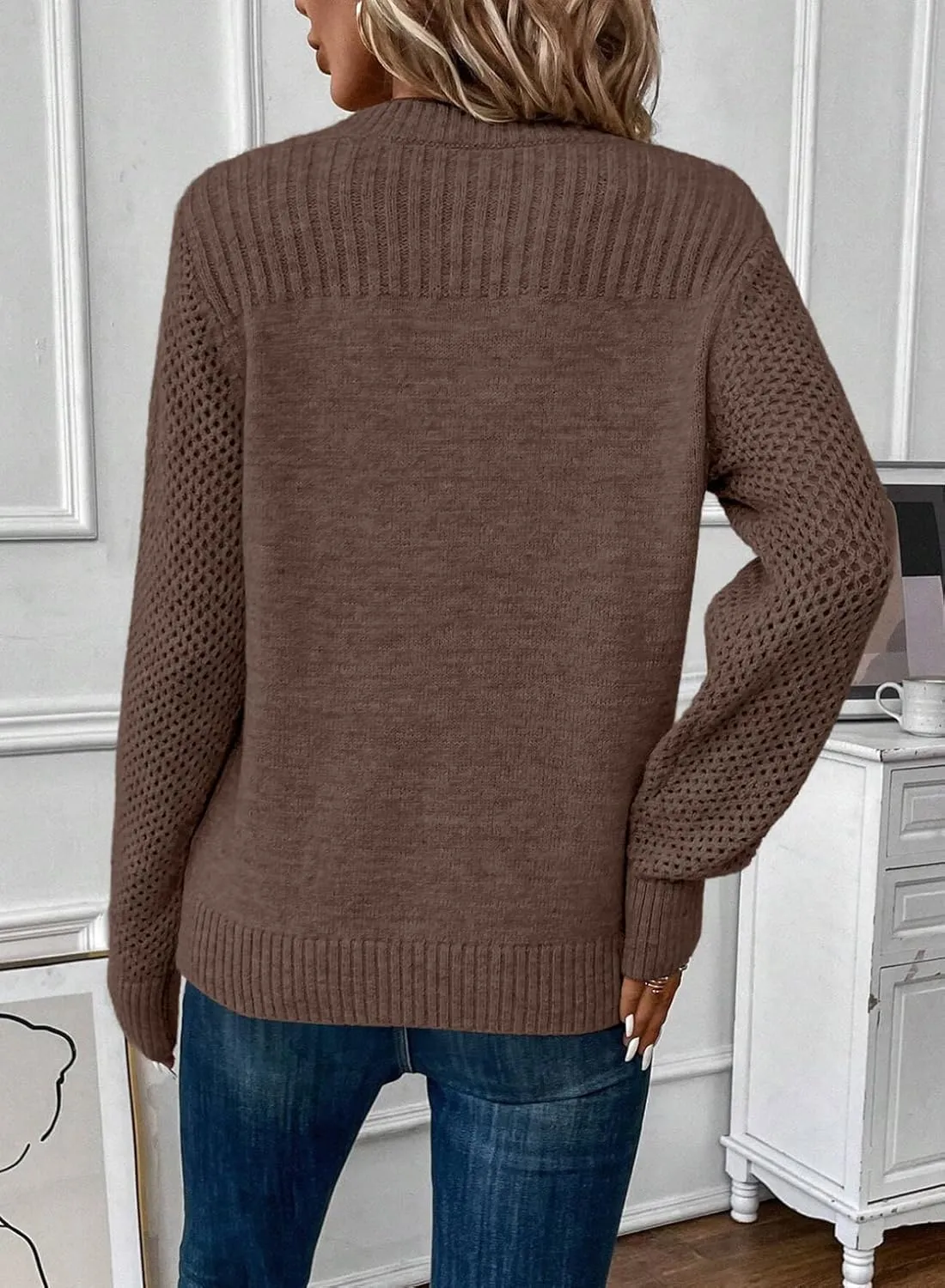 EVALESS Womens Sweaters Casual Long Sleeve Crewneck Cable Knit Lightweight Oversized Crochet Sweater Pullover Tops