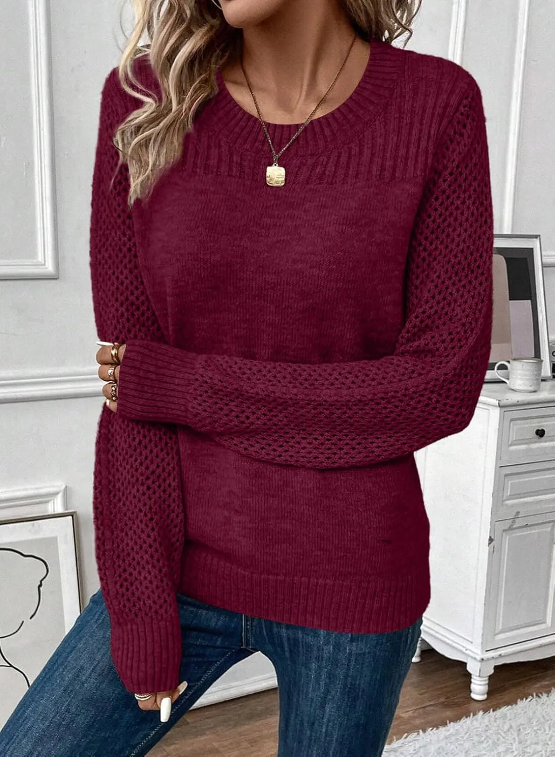 EVALESS Womens Sweaters Casual Long Sleeve Crewneck Cable Knit Lightweight Oversized Crochet Sweater Pullover Tops