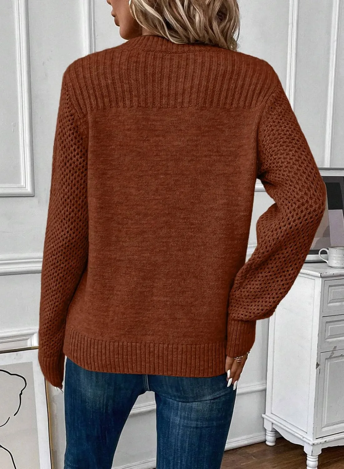 EVALESS Womens Sweaters Casual Long Sleeve Crewneck Cable Knit Lightweight Oversized Crochet Sweater Pullover Tops