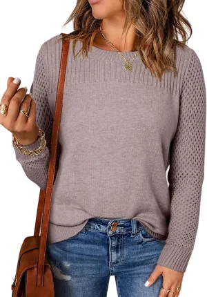 EVALESS Womens Sweaters Casual Long Sleeve Crewneck Cable Knit Lightweight Oversized Crochet Sweater Pullover Tops