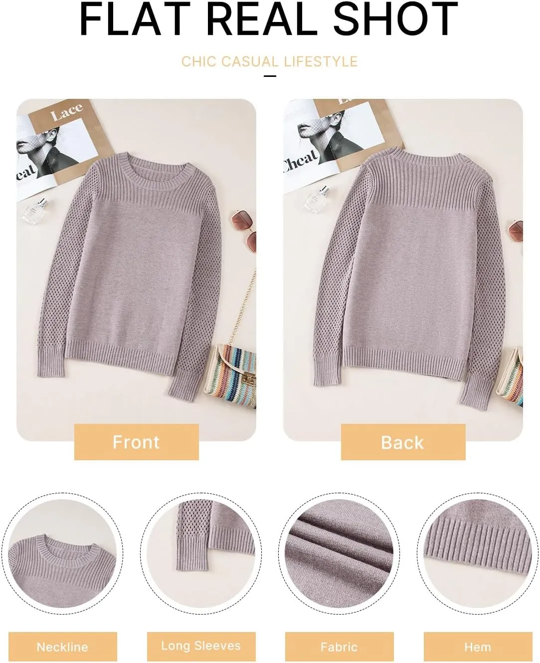 EVALESS Womens Sweaters Casual Long Sleeve Crewneck Cable Knit Lightweight Oversized Crochet Sweater Pullover Tops