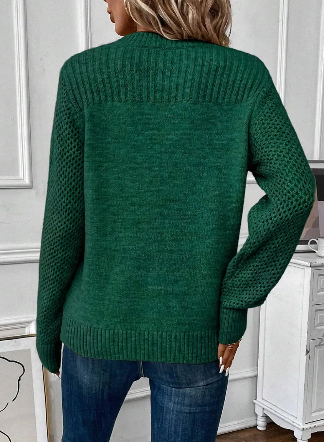 EVALESS Womens Sweaters Casual Long Sleeve Crewneck Cable Knit Lightweight Oversized Crochet Sweater Pullover Tops