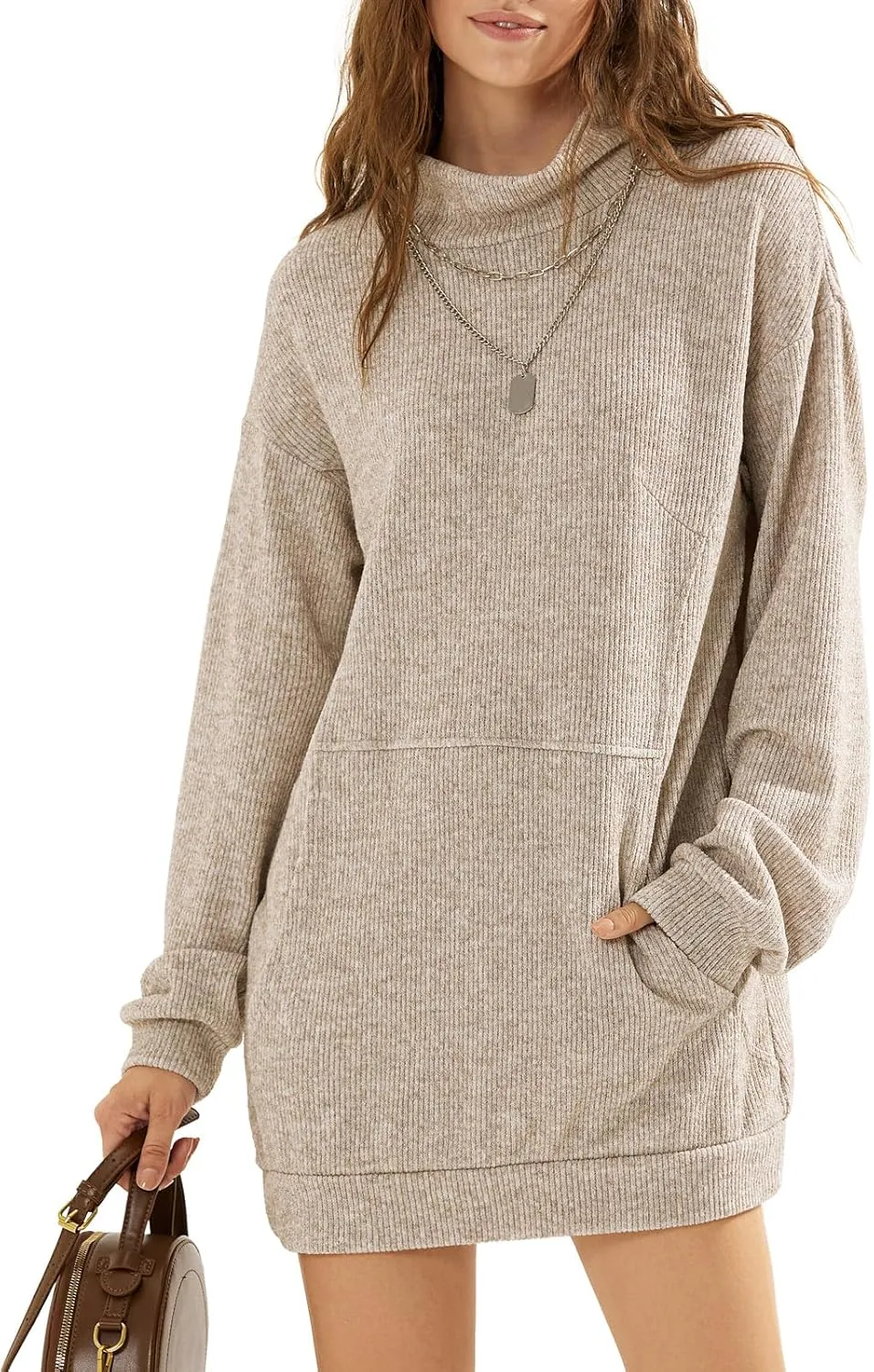 EXLURA Womens Casual Oversized Long Sleeve Sweater Dress with Pocket Loose Fit Knit Fall Winter Long Pullover Sweater Tunic