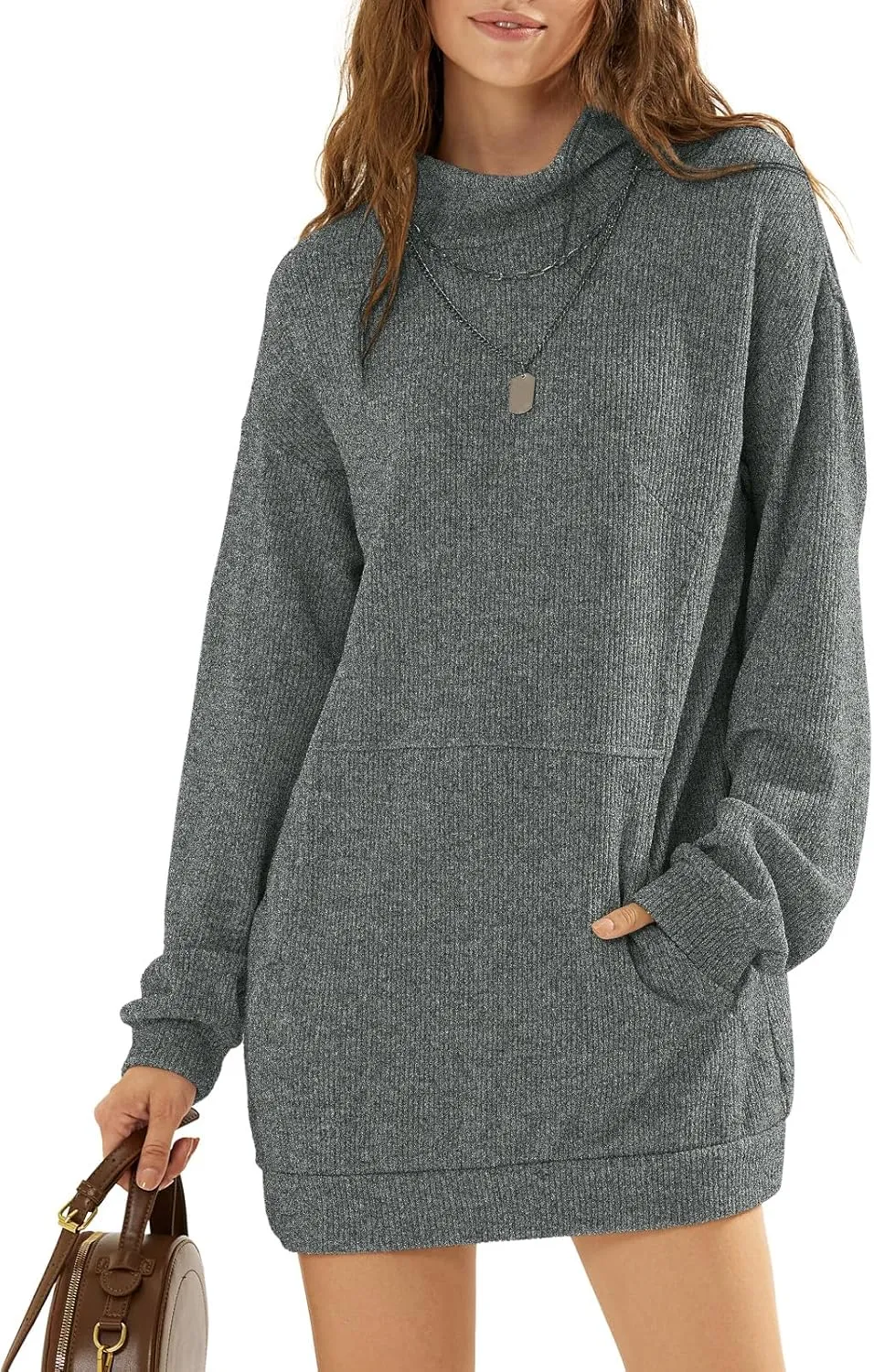 EXLURA Womens Casual Oversized Long Sleeve Sweater Dress with Pocket Loose Fit Knit Fall Winter Long Pullover Sweater Tunic