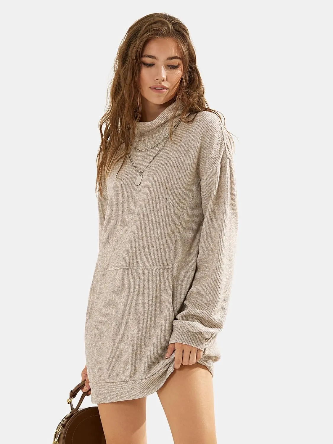 EXLURA Womens Casual Oversized Long Sleeve Sweater Dress with Pocket Loose Fit Knit Fall Winter Long Pullover Sweater Tunic