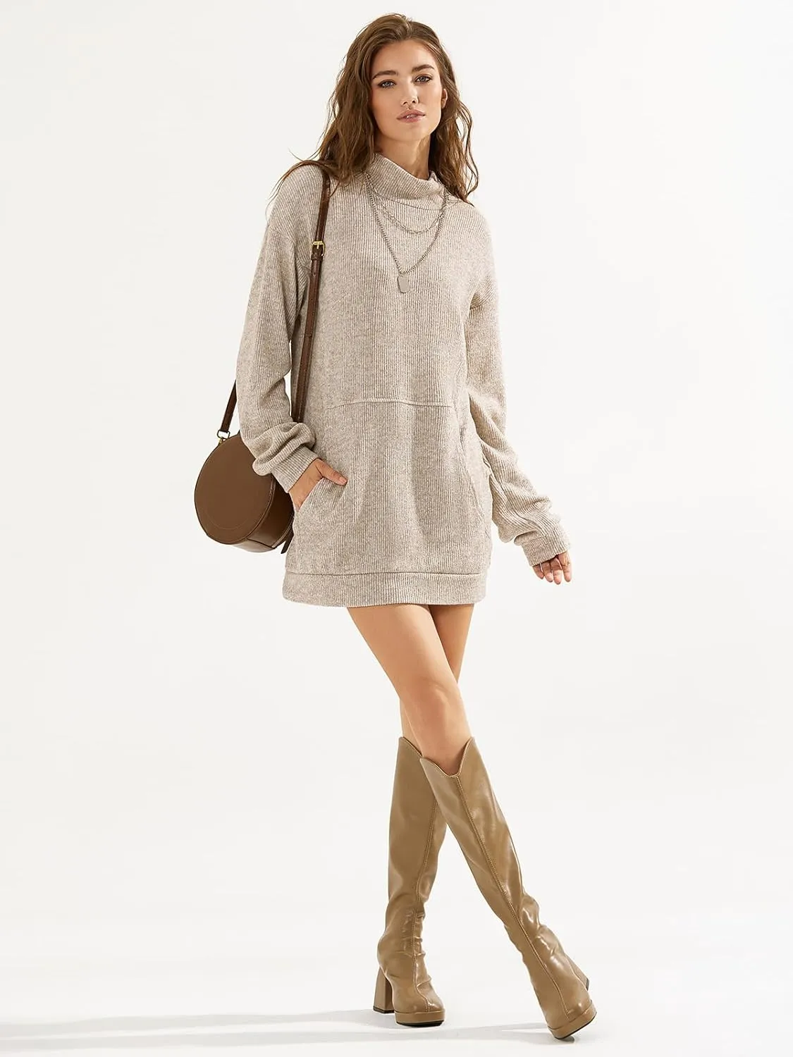 EXLURA Womens Casual Oversized Long Sleeve Sweater Dress with Pocket Loose Fit Knit Fall Winter Long Pullover Sweater Tunic