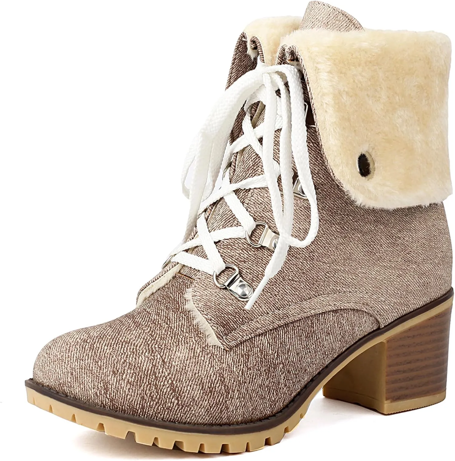 Fashion Brogue Winter Boots for Women Low Heel Fold Collar Winter Booties Side Zipper Denim Warm Boots