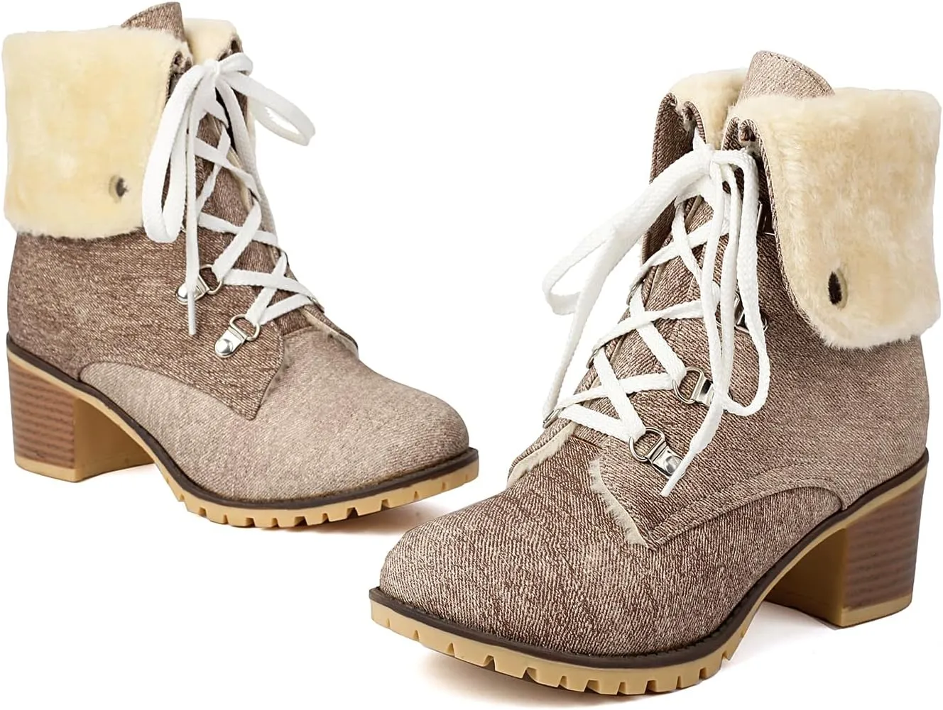 Fashion Brogue Winter Boots for Women Low Heel Fold Collar Winter Booties Side Zipper Denim Warm Boots