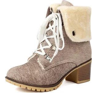 Fashion Brogue Winter Boots for Women Low Heel Fold Collar Winter Booties Side Zipper Denim Warm Boots