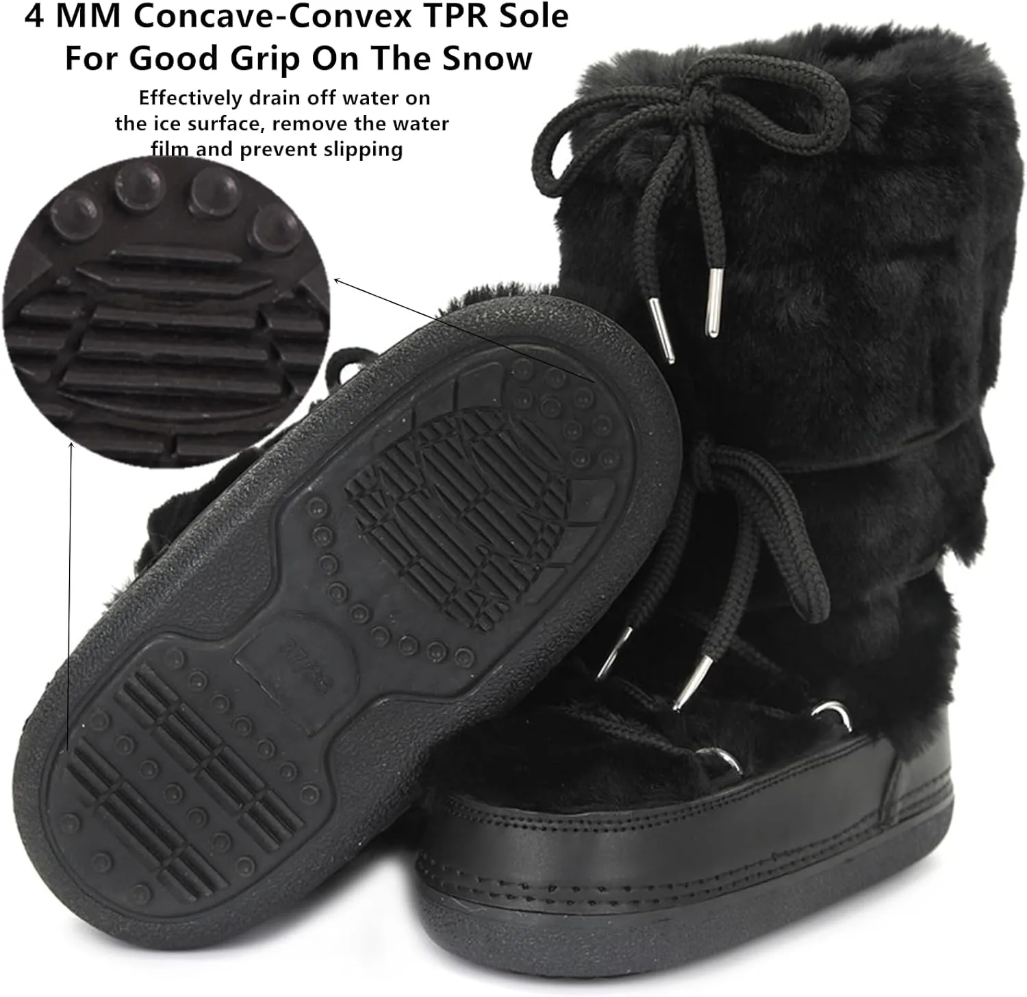 Faux Fur Boots for Women - Fuzzy Fluffy Furry Water Resistant Snow Boots for Women - Anti-Slip with Cotton Sponge Lined and TPR Rubber Sole Black White Fur Boots