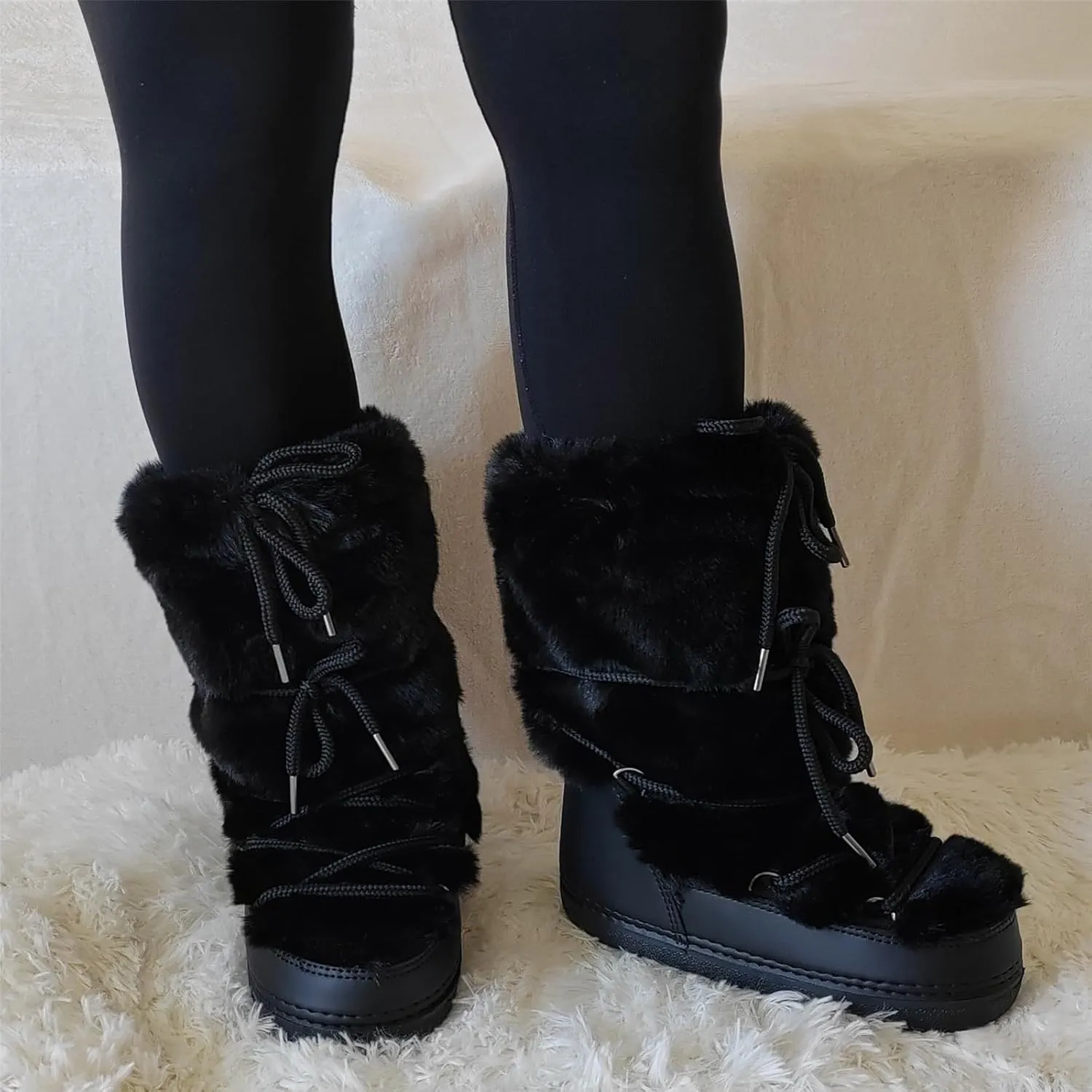 Faux Fur Boots for Women - Fuzzy Fluffy Furry Water Resistant Snow Boots for Women - Anti-Slip with Cotton Sponge Lined and TPR Rubber Sole Black White Fur Boots