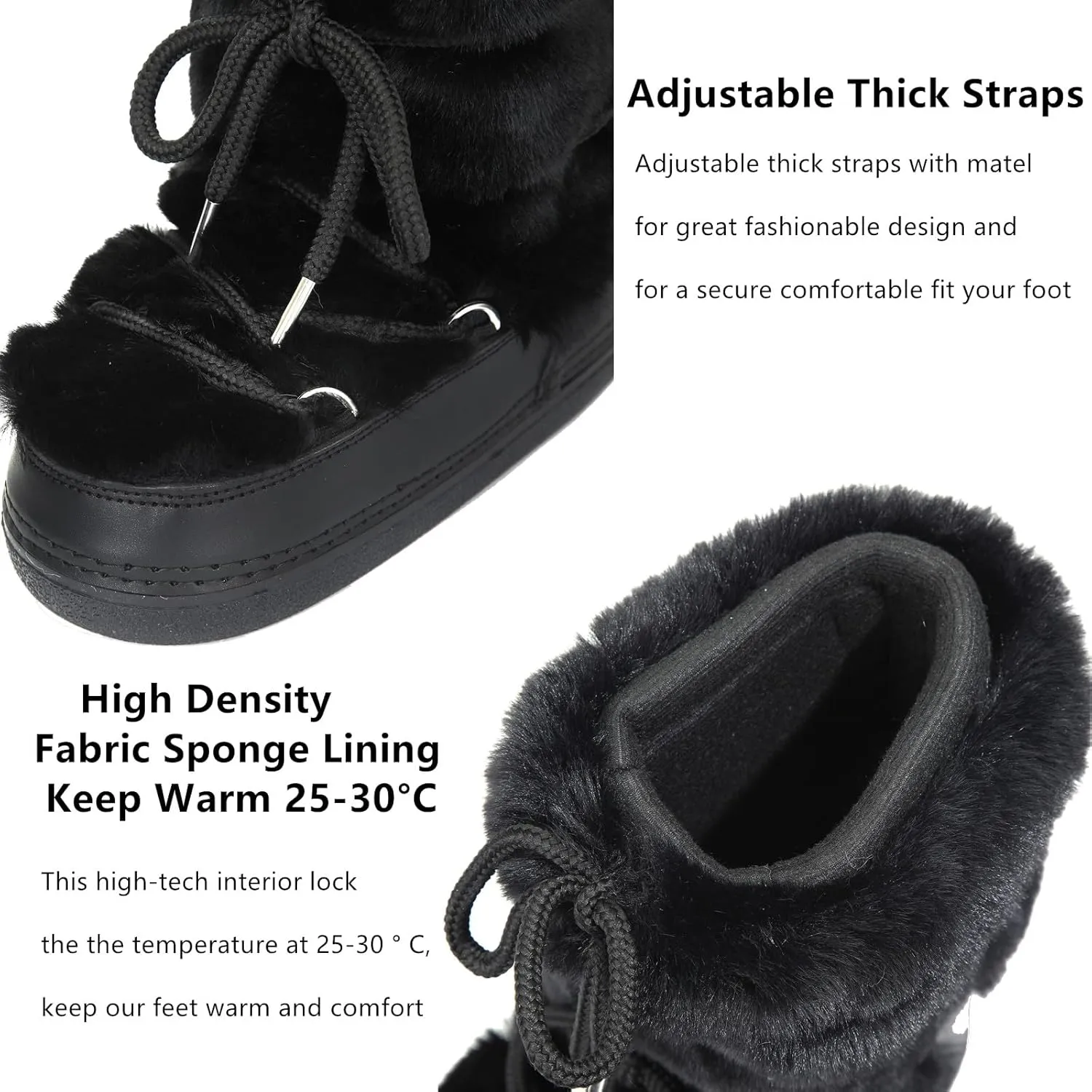 Faux Fur Boots for Women - Fuzzy Fluffy Furry Water Resistant Snow Boots for Women - Anti-Slip with Cotton Sponge Lined and TPR Rubber Sole Black White Fur Boots