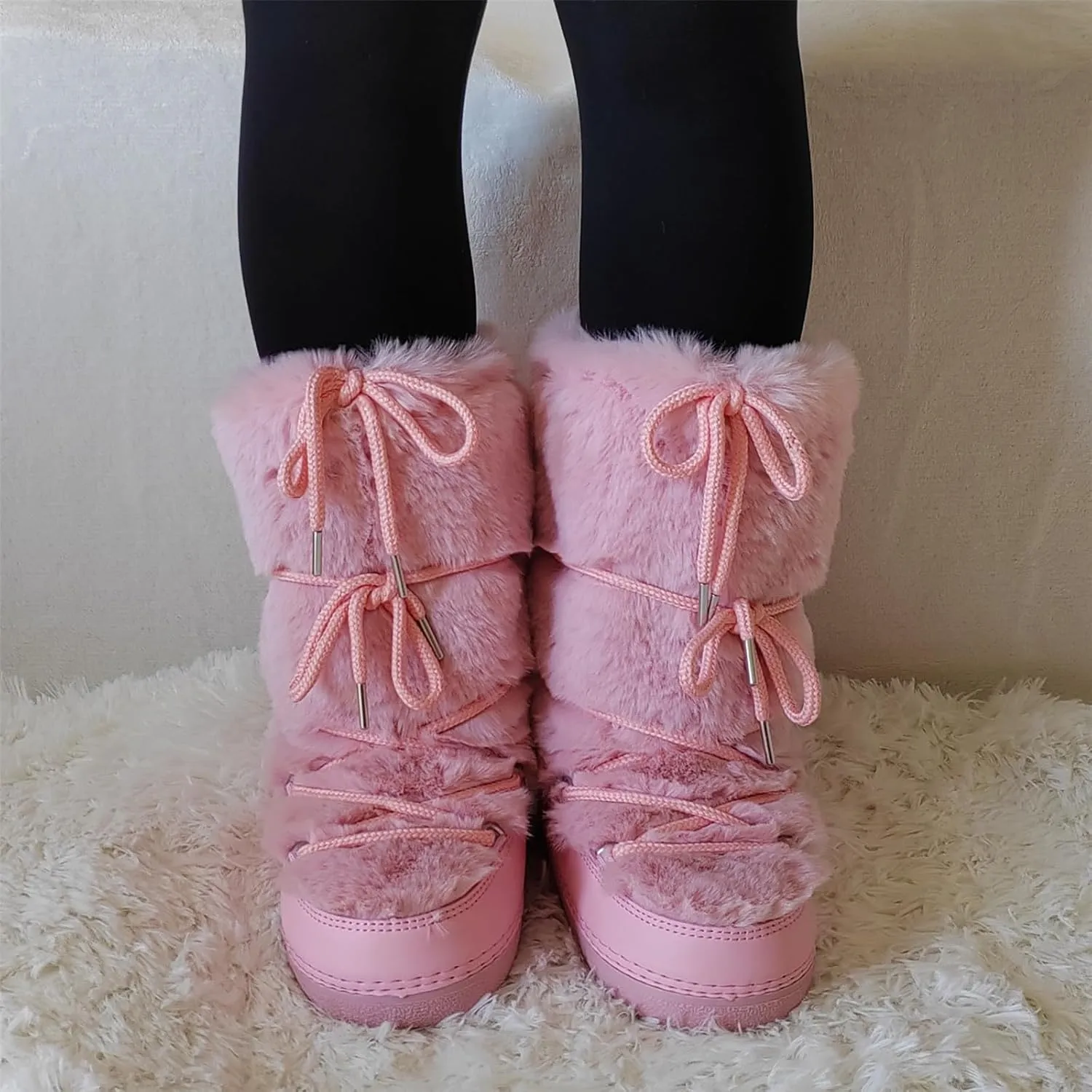 Faux Fur Boots for Women - Fuzzy Fluffy Furry Water Resistant Snow Boots for Women - Anti-Slip with Cotton Sponge Lined and TPR Rubber Sole Black White Fur Boots
