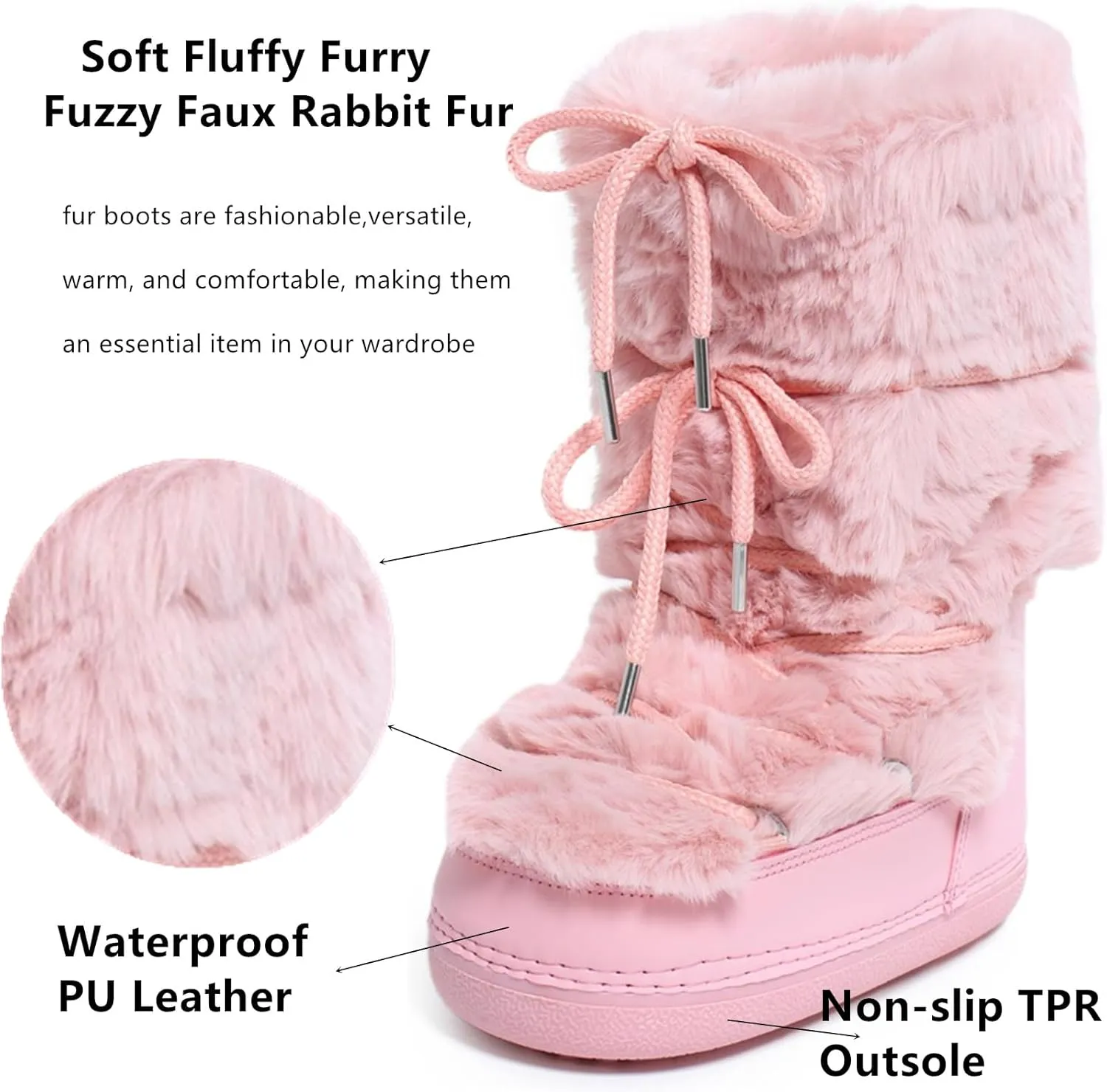 Faux Fur Boots for Women - Fuzzy Fluffy Furry Water Resistant Snow Boots for Women - Anti-Slip with Cotton Sponge Lined and TPR Rubber Sole Black White Fur Boots