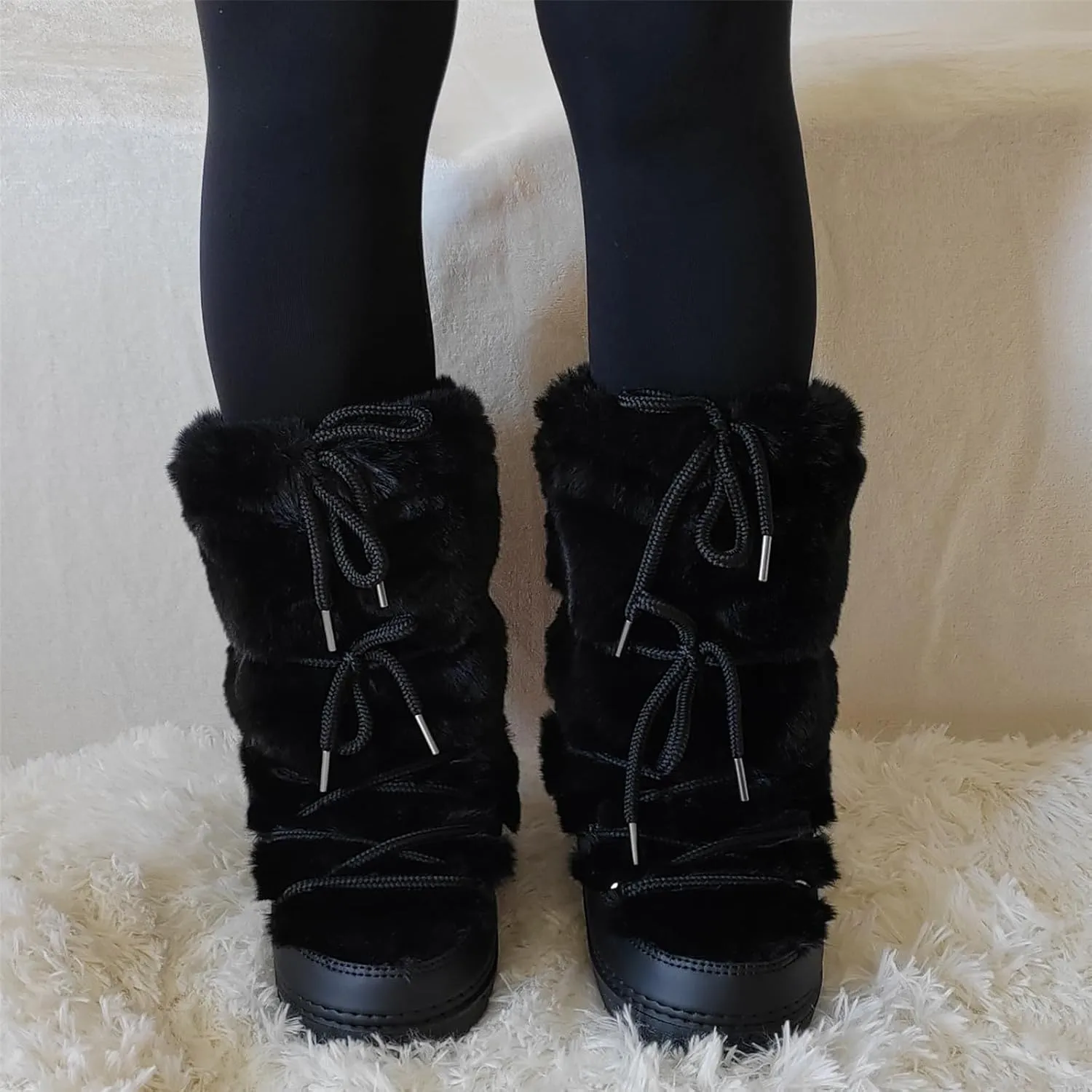 Faux Fur Boots for Women - Fuzzy Fluffy Furry Water Resistant Snow Boots for Women - Anti-Slip with Cotton Sponge Lined and TPR Rubber Sole Black White Fur Boots