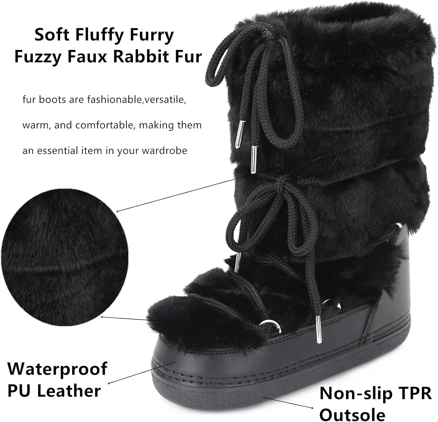 Faux Fur Boots for Women - Fuzzy Fluffy Furry Water Resistant Snow Boots for Women - Anti-Slip with Cotton Sponge Lined and TPR Rubber Sole Black White Fur Boots