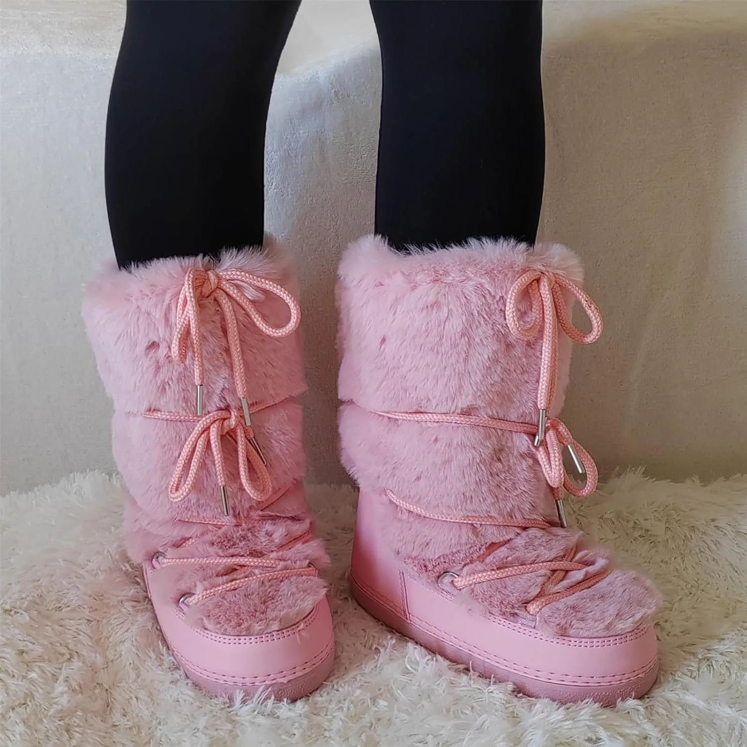 Faux Fur Boots for Women - Fuzzy Fluffy Furry Water Resistant Snow Boots for Women - Anti-Slip with Cotton Sponge Lined and TPR Rubber Sole Black White Fur Boots