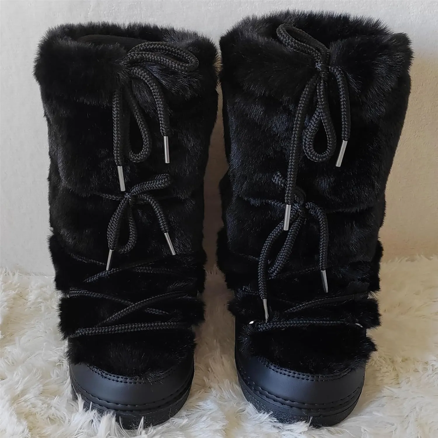 Faux Fur Boots for Women - Fuzzy Fluffy Furry Water Resistant Snow Boots for Women - Anti-Slip with Cotton Sponge Lined and TPR Rubber Sole Black White Fur Boots