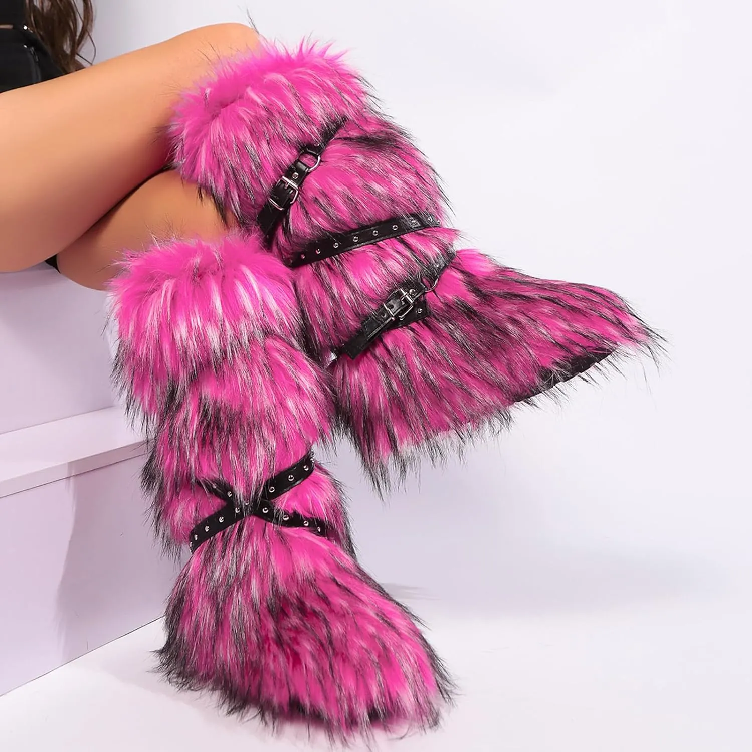 Faux Fur Boots for Women Long Furry Knee High Boots Comfy Plush Warm Snow Boots Fuzzy Outdoor Boots Winter Fluffy Indoor Flat Shoes