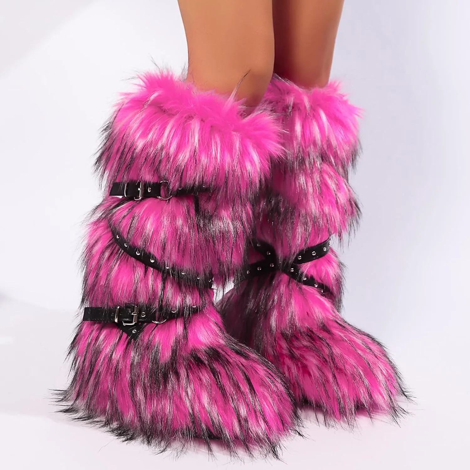 Faux Fur Boots for Women Long Furry Knee High Boots Comfy Plush Warm Snow Boots Fuzzy Outdoor Boots Winter Fluffy Indoor Flat Shoes