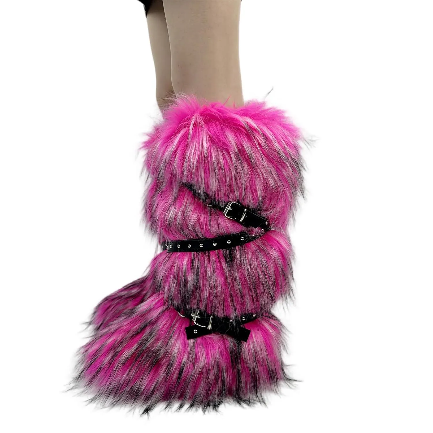 Faux Fur Boots for Women Long Furry Knee High Boots Comfy Plush Warm Snow Boots Fuzzy Outdoor Boots Winter Fluffy Indoor Flat Shoes
