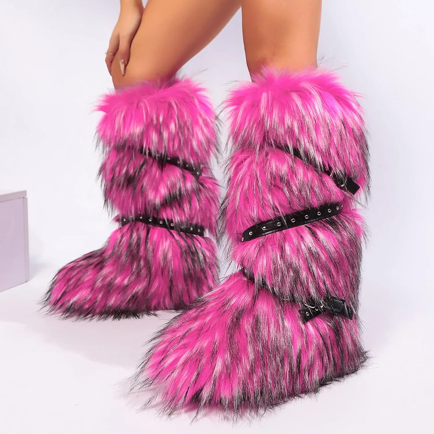 Faux Fur Boots for Women Long Furry Knee High Boots Comfy Plush Warm Snow Boots Fuzzy Outdoor Boots Winter Fluffy Indoor Flat Shoes