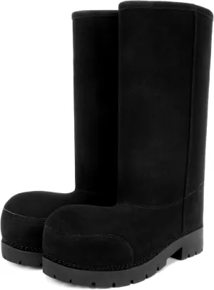 Faux Suede Platform Fuzzy Snow Boots Round Toe Hippy Winter Boots Slip On Knee High Chunky Heel Fur Tall Boots for Women