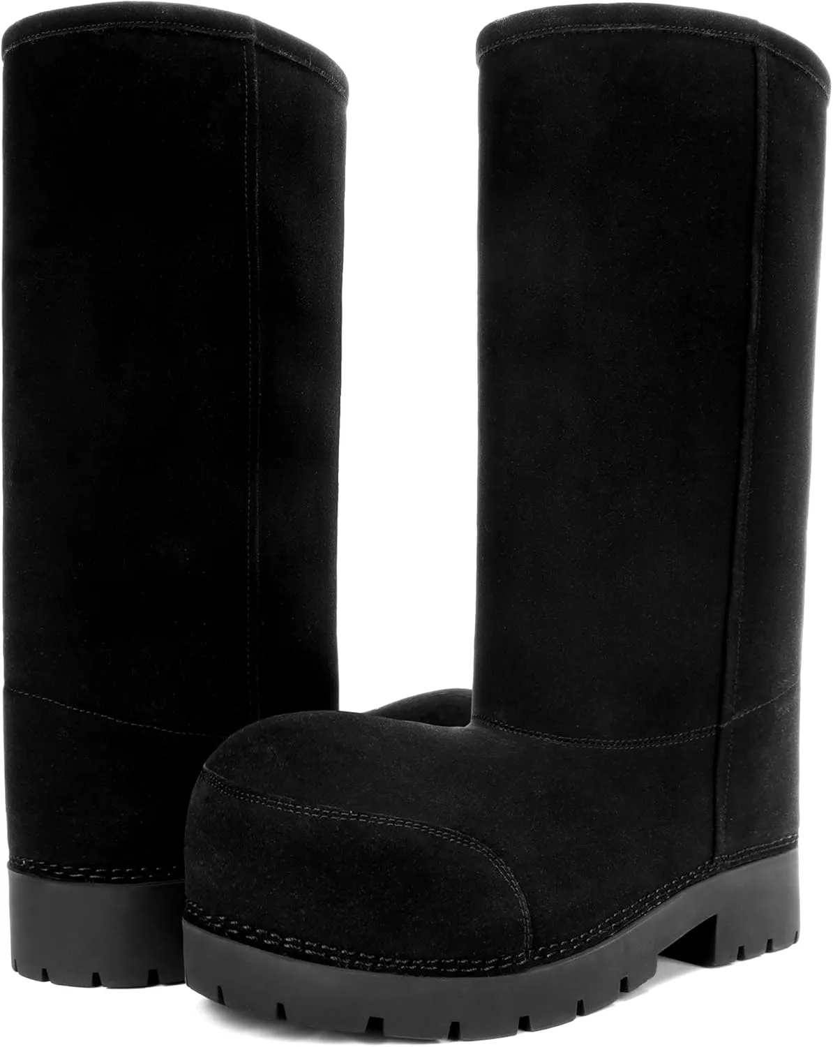 Faux Suede Platform Fuzzy Snow Boots Round Toe Hippy Winter Boots Slip On Knee High Chunky Heel Fur Tall Boots for Women