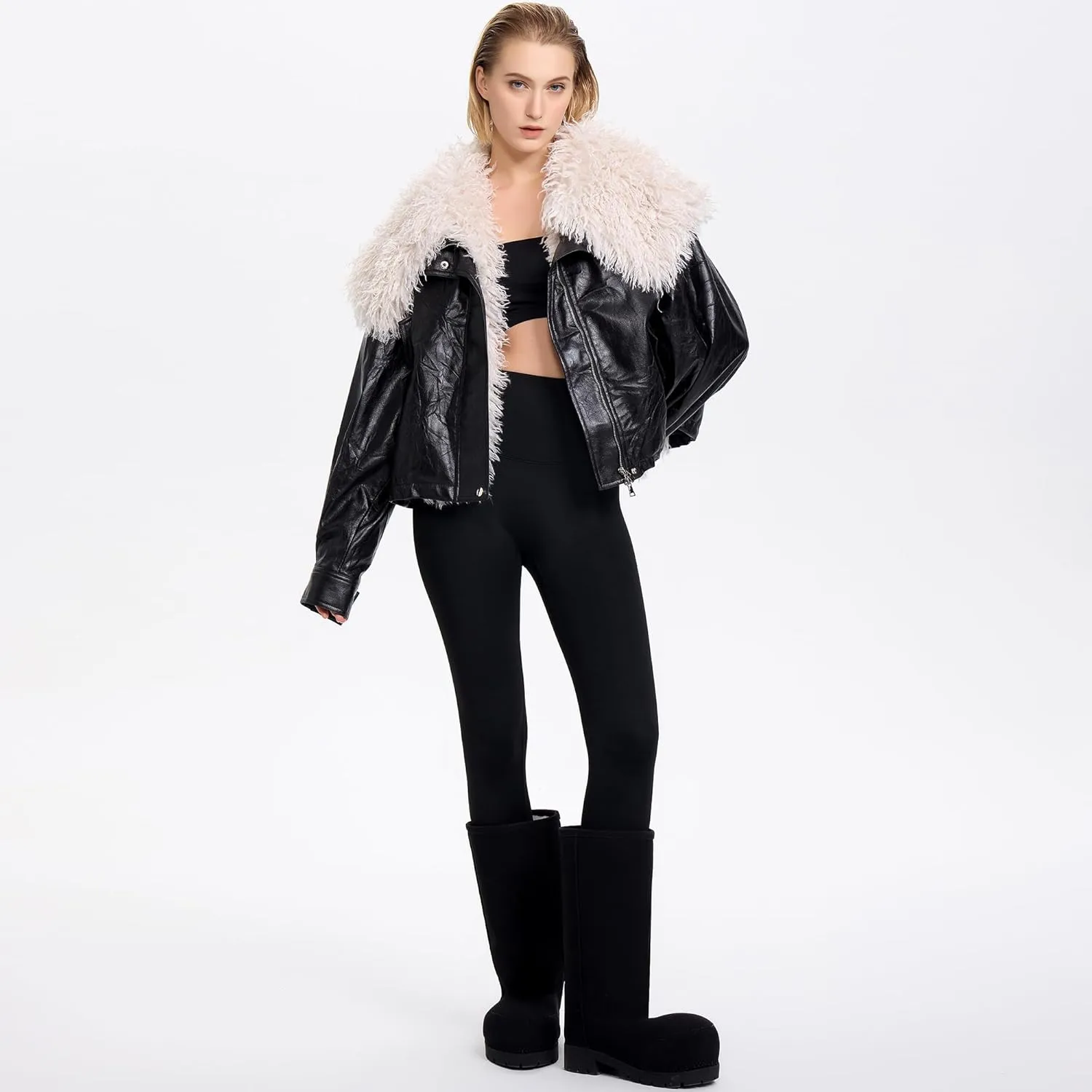 Faux Suede Platform Fuzzy Snow Boots Round Toe Hippy Winter Boots Slip On Knee High Chunky Heel Fur Tall Boots for Women