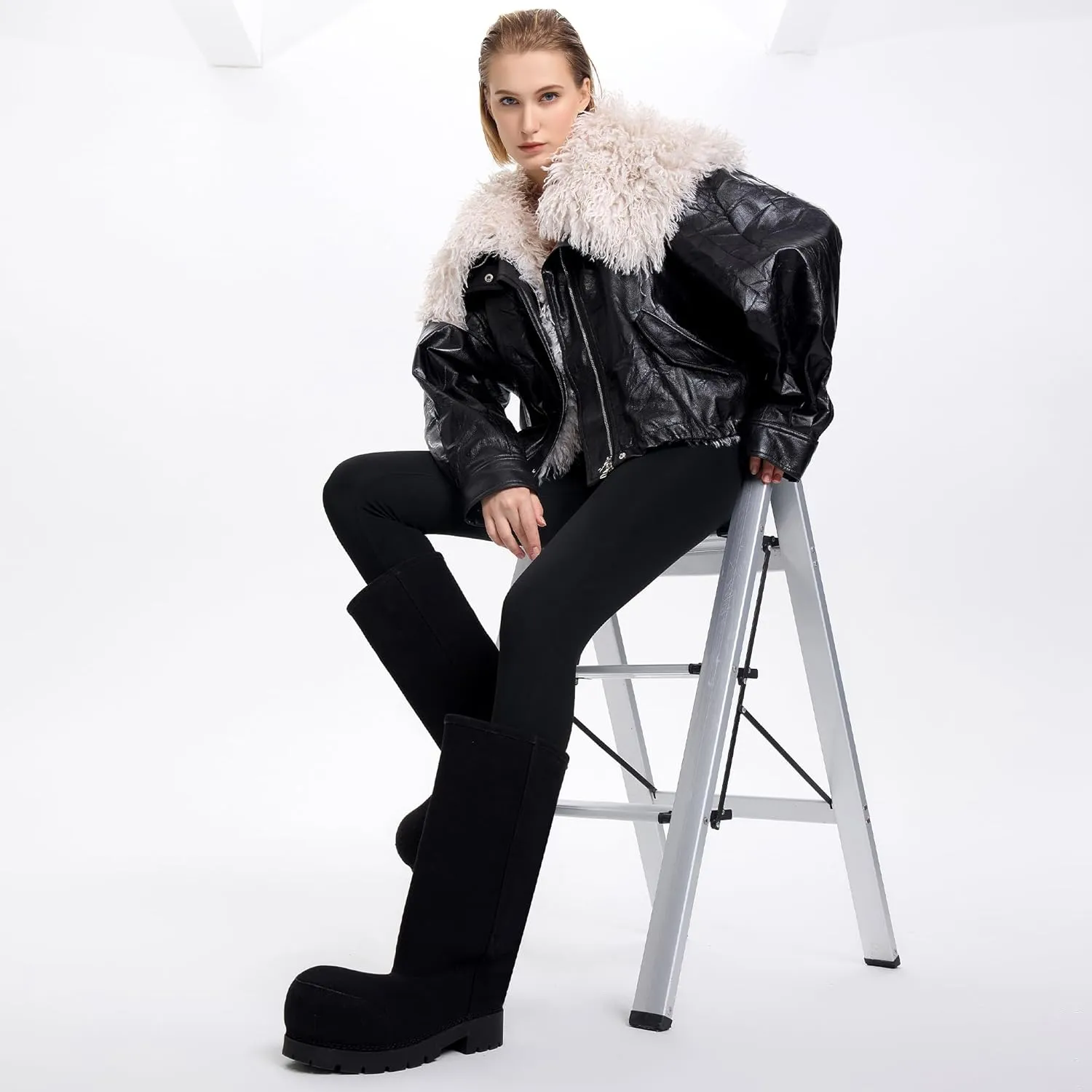 Faux Suede Platform Fuzzy Snow Boots Round Toe Hippy Winter Boots Slip On Knee High Chunky Heel Fur Tall Boots for Women