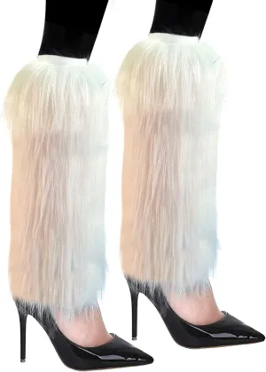 FHQHTH Fuzzy Faux Fur Leg Warmers Fur Heels Long Boots Cuff Cover has Elasticity One Pair Dionysia Boot cover Carnival 18"